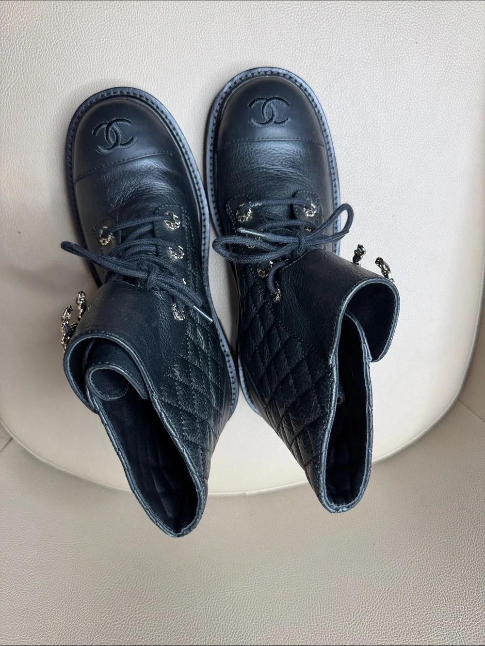 CHANEL Black Quilted Leather Lace-Up Ankle Boots with Chain CC Accent - Picture 6 of 7